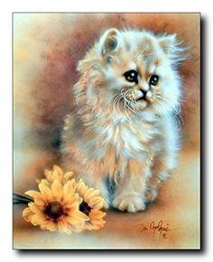 a painting of a small kitten next to a yellow flower