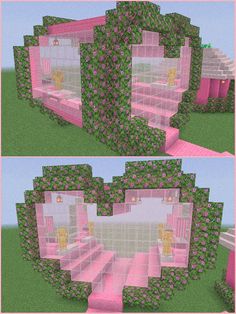 two pictures of the inside of a house with stairs and flowers on it, one is pink