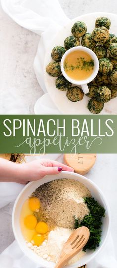 spinach balls are being made in a bowl with eggs and spices on the side