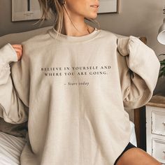 The perfect motivation sweater for everyone. It is thought-provoking. A nice gift for Christian or religious people. Gift for Christmas or birthday. believe in yourself sweatshirt, motivational quotes, inspirational quote sweater, positive sweater, motivation women sweater, gift for her ♥ PRODUCTION TIME: 1-5 days (Usually 2-3 days) ♥ SHIPPING TIME: 2-5 days (Usually 3 days) Weekends are not business days. Shipping and processing are two different time frames. ♥PRODUCT DESCRIPTION: The sweatshir Engaged Sweatshirt, Fiance Sweatshirt, Coffee Sweatshirt, Albuquerque New Mexico, Future Mrs, Christian Sweatshirt, Matching Colors, Look Plus, Christian Shirts