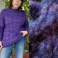 "ALL SALES FINAL. No returns because an item does not fit. Measurements provided are accurate and checked over many times before listing. reach out if you require help determining fit before purchasing. I am happy to help! Mmmm mmmm Mohair! I posted this shaggy purple and sparkly colorful monster last year but on a bodyform so no one really saw it and it was too late in the season to list. So here it is again!  There were 3 sweaters in a bunch that a woman had handknit. Daughter was not sure if Purple Mohair Sweater For Fall, Purple Cozy Knit Sweater, Cozy Purple Knit Sweater, Retro Purple Winter Sweater, Oversized Soft Knit Purple Sweater, Fitted Cozy Purple Sweater, Purple Hand-knitted Winter Sweater, Soft Shag, Soft Purple