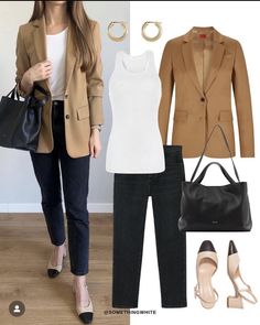 Tan Suit Jacket Women Work Outfits, Outfit Ideas With Beige Jacket, Beige Blazer Fall Outfit, How To Style Tan Blazer, Black And Tan Shoes Outfit, Taupe Blazer Outfit Work, Apricot Blazer Outfit, Carmel Blazer Outfit