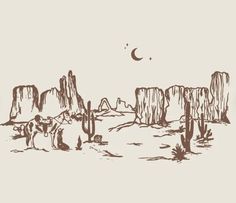 an ink drawing of desert landscape with rocks and trees in the foreground at night