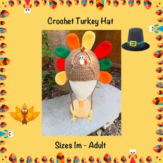 a crochet turkey hat is shown in front of an orange background