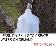 a water - on - demand bottle hanging from a tree with the words learn diy skills to create water - on - demand