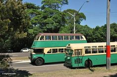 two green and yellow buses parked on the side of the road next to each other