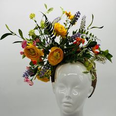 Handmade by Featured Milliner of The Kentucky Derby Museum 2023 & 2024! A floral dream!  Attaches with headband.  Not taking customs this year--Derby 150 is going to be massive and mom life keeps me running! However, happy to suggest pieces that will coordinate with your outfit. If you don't love the way this attaches to your head--message me!  I can swtich *most* pieces to your preference. Clip, Headband OR Elastic Cord  NOTE: Heavier pieces with extravagant florals etc require the stability of a headband. NO RETURNS/EXCHANGES due to nature of product (special occasion and head wear). Not all screens/lighting are created equal. Make sure you are happy with the color match before ordering! If you have any concerns, let me know--here to help. Just say the word. Whimsical Multicolor Fascinator For Kentucky Derby, Adjustable Yellow Headpiece For Kentucky Derby, Crazy Kentucky Derby Hats, Vintage Kentucky Derby Hat With Flower Shape, Kentucky Derby Hat-style Headband Gift, Derby Headband, Flower-shaped Fascinator For Kentucky Derby, Music Hat, Kentucky Derby Outfit