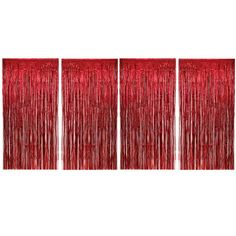 three red fringes hanging on the wall in front of a white background, each with different