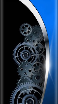 an abstract image of gears on a black and blue background with silver trimmings