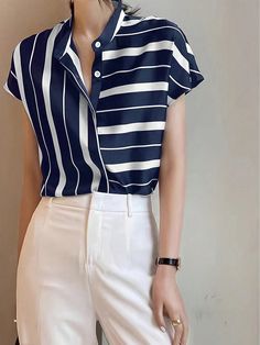 Navy Blue Casual Collar Short Sleeve Woven Fabric Colorblock,Striped Shirt Embellished Non-Stretch  Women Clothing Formal Tops For Women, Casual Striped Shirt, Ladies Chiffon Shirts, Chiffon Blouses, Formal Tops, Chiffon Fashion, The Office Shirts, Casual Stripes, Chiffon Shirt