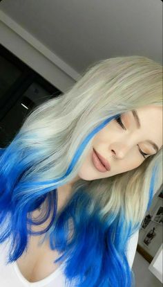 Blonde Hair With Blue Front Pieces, Blonde Hair With Blue Tips, Blonde Hair With Blue Highlights, Blue And Blonde Hair, Blue Blonde Hair, Blonde Hair With Blue, Blonde And Blue Hair, Mermaid Character, Royal Blue Hair