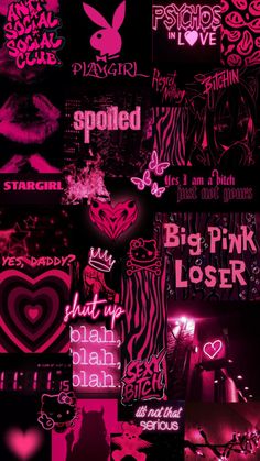 some pink and black wallpapers with hearts, stars, and other things on them