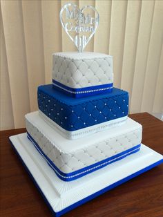 three tiered cake with blue and white icing