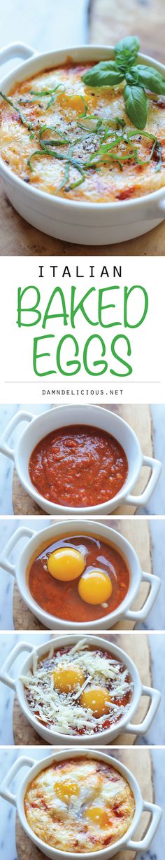 four different types of baked eggs in bowls on a table with the words italian baked eggs above them