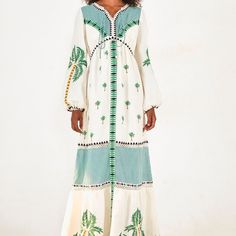 Small Size Available Beautiful Pam Tree Embroidered Maxi Dress White V-neck Dress With Geometric Embroidery, White Beach Dress With Geometric Embroidery, White Long Sleeve Maxi Dress With Intricate Embroidery, White Intricate Embroidery Vacation Dress, White Dress With Intricate Embroidery For Vacation, White Dresses With Intricate Embroidery For Vacation, White Embroidered Dress With Geometric Pattern For Vacation, White Long Sleeve Dresses With Geometric Embroidery, Green Embroidered Maxi Dress For Vacation