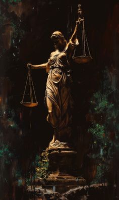 a painting of a lady justice statue holding the scales