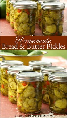 several jars filled with pickles sitting on top of a table