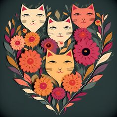 three cats are surrounded by flowers and leaves