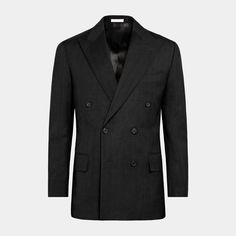 This black herringbone blazer is cut to a tailored fit, offering a slim chest and waist for a fitted silhouette. It features padded shoulders, a double-breasted closure, peak lapels, and flap pockets. Timeless Double-breasted Formal Sport Coat, Fitted Tweed Jacket With Double-breasted Button For Office, Black Double Breasted Suit For Fall Business Casual, Fall Black Double Breasted Suit For Business Casual, Fall Black Double Breasted Business Casual Suit, Fall Business Casual Black Double Breasted Suit, Black Double Breasted Business Suit, Black Double-breasted Formal Blazer, Black Double-breasted Suit With Suit Collar