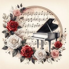 a piano surrounded by roses and music notes