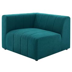 a blue couch with black legs and a curved back rest on an isolated white background