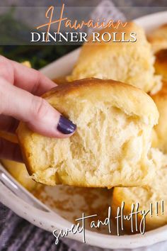 a hand holding a piece of bread over a bowl of food with the words hawaiian dinner rolls next to it