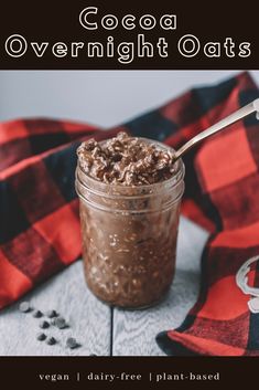 a jar filled with overnight oats on top of a table