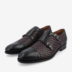 With exquisite details and handcrafted construction, our Lucca Monk shoe in Black Woven is a work of art. A true double monk strap crafted in black leather, this stunning dress shoe features intertwining ribbons of red and black leather, woven by hand by our artisans in Spain. A unique take on the classic men's dress shoe that's sure to turn heads. UPPER: Woven full-grain leather OUTSOLE: Leather sole with rubber inserts Standard D width Blake Construction (resoleable) Handmade by artisans in Sp Taft Boots, Taft Shoes, Double Monk Strap Shoes, Black Leather Dress Shoes, Double Monk Strap, Leather Sole Shoes, Black Weave, Woven Shoes, Black Leather Dresses