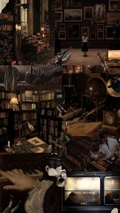 a collage of photos with books and people in them, including an image of a library