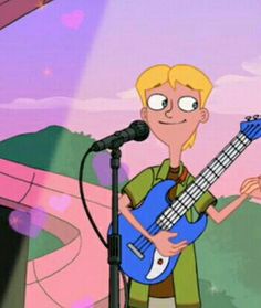 a cartoon character holding a blue guitar in front of a microphone and another person standing next to him