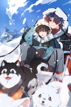 two people sitting next to each other in the snow with cats and dogs around them