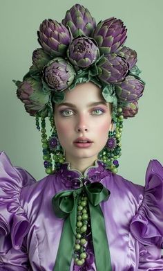 a woman with purple flowers on her head and green beads around her neck, wearing a purple dress