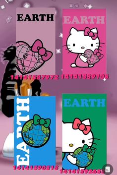 three hello kitty greeting cards with the earth on them