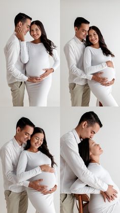 a man and woman hugging each other while holding their pregnant baby bump in front of them