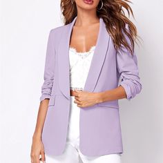 Blazer, Shawl Collar Gathered Sleeve, Long Blazer. Color: Lilac Purple Purple Blazer, Elegant Blazers, Open Front Blazer, Gathered Sleeves, Long Blazer, Norma Kamali, Fitted Blazer, Casual Blazer, Blazer Outfits