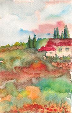 a watercolor painting of a house on a hill