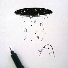 a drawing of an alien floating in the sky with stars coming out of its head