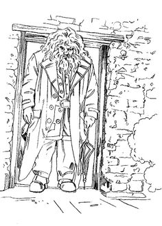 a man with long hair and beard standing in front of an open door wearing a trench coat