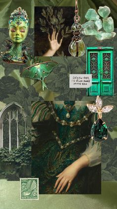 a collage of green and white items including a woman's face, hands, and other things