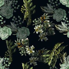 seamless floral pattern with succulents and leaves on black background, watercolor painting