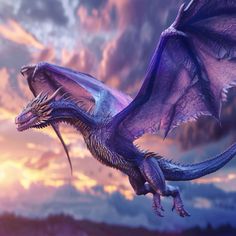 a purple dragon flying in the sky with clouds and sunset behind it, as seen from an artist's rendering