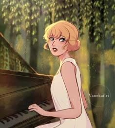 a woman sitting at a piano in front of a forest filled with green plants and trees