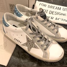 New In Box! Golden Goose Size 37 “Super-Star Classic.” Sparkly Silver Star And Sparkly Blue Heel. Golden Goose Blue Star, Blue Glitter Shoes, Silver Golden Goose, Blue Golden Goose, Golden Goose Silver, Rich Accessories, Dream Sneakers, Preppy Shoes, Shoe Wishlist