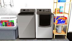 two washers are next to each other in a room with shelves and bins