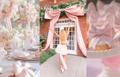 a collage of photos with pink and white flowers in vases next to a cake