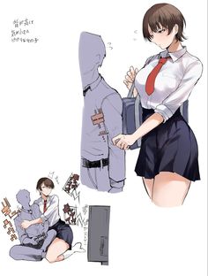 an anime character is standing next to a woman in a school uniform and holding a backpack