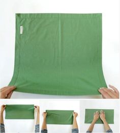 four images show how to fold a green cloth over the top and bottom of it