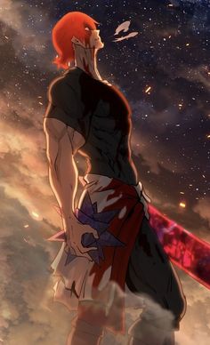 an anime character with red hair standing in front of a sky filled with stars and clouds