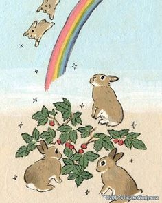 an image of rabbits in the sand under a rainbow