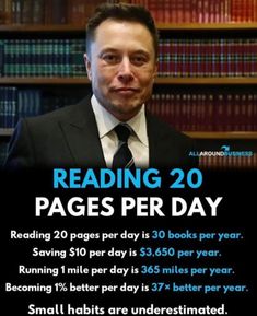 a man in a suit and tie is reading 20 pages per day on a black background